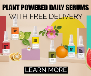 Colourful serum bottles on beige plinths with colourful cut out shapes and ingredients imagery.