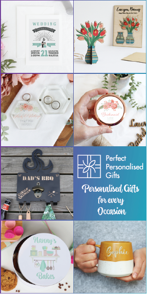 Banner showing selection of personalised gifts including a bbq sign, mothers day card, wedding ring box, bridesmaid compact mirror, personalised mug and personalised wedding card